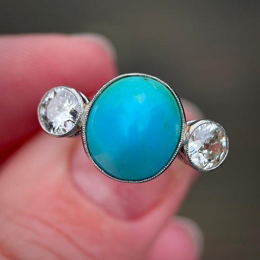 Platinum Art Deco Antique Sugarloaf Turquoise & Old Cut Diamond Three Stone Ring