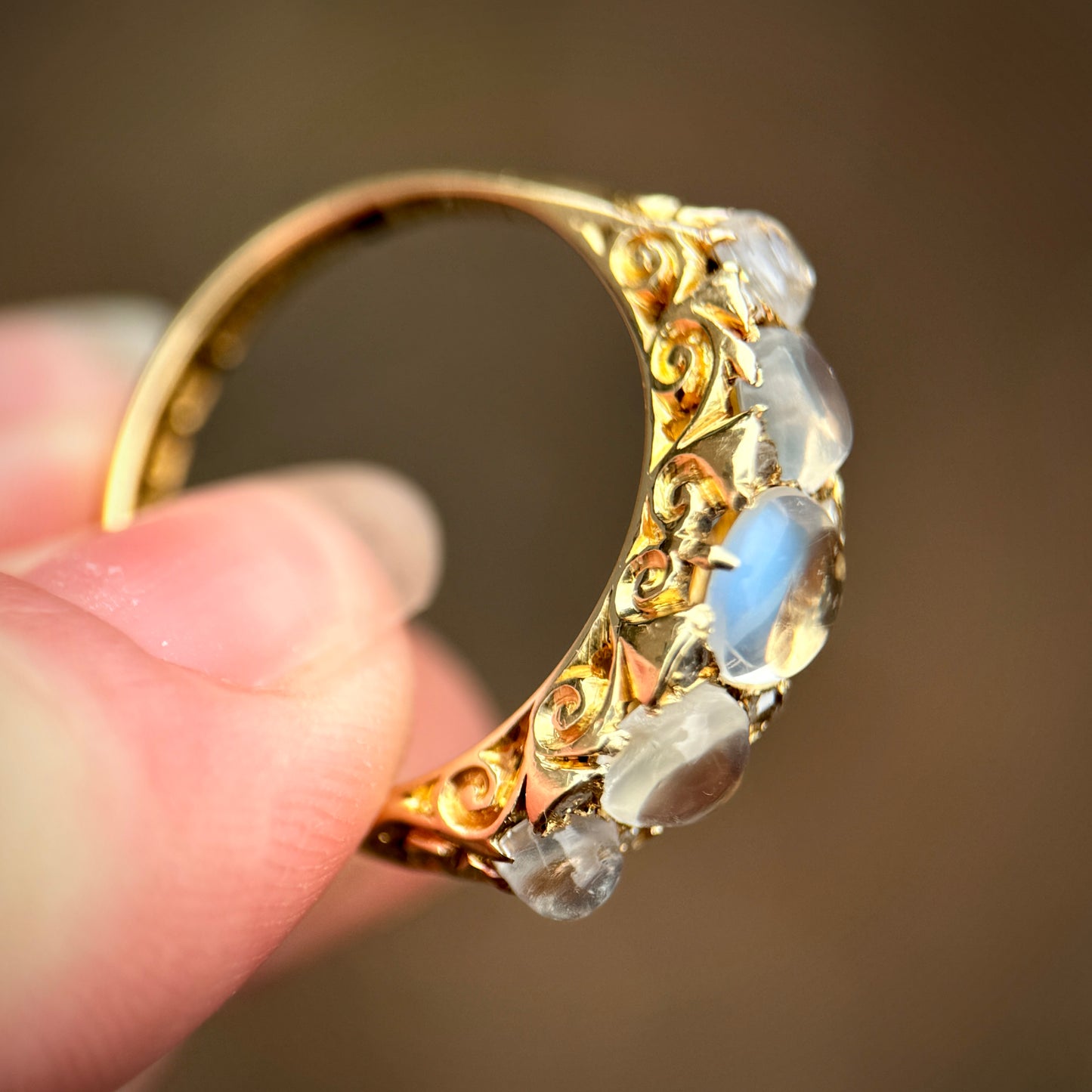 *RESERVED* + resize to a P 18ct Gold Antique Fully Hallmarked Moonstone & Old Cut Diamond Half Hoop Ring