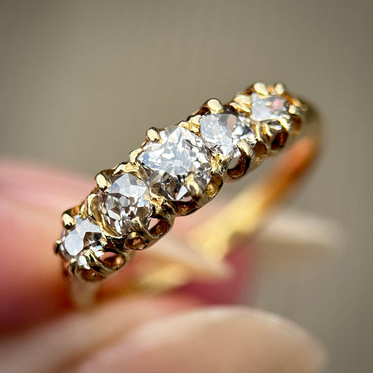 18ct Gold Antique 1.15ct Old Cut Diamond Five Stone Half Hoop Ring Size O