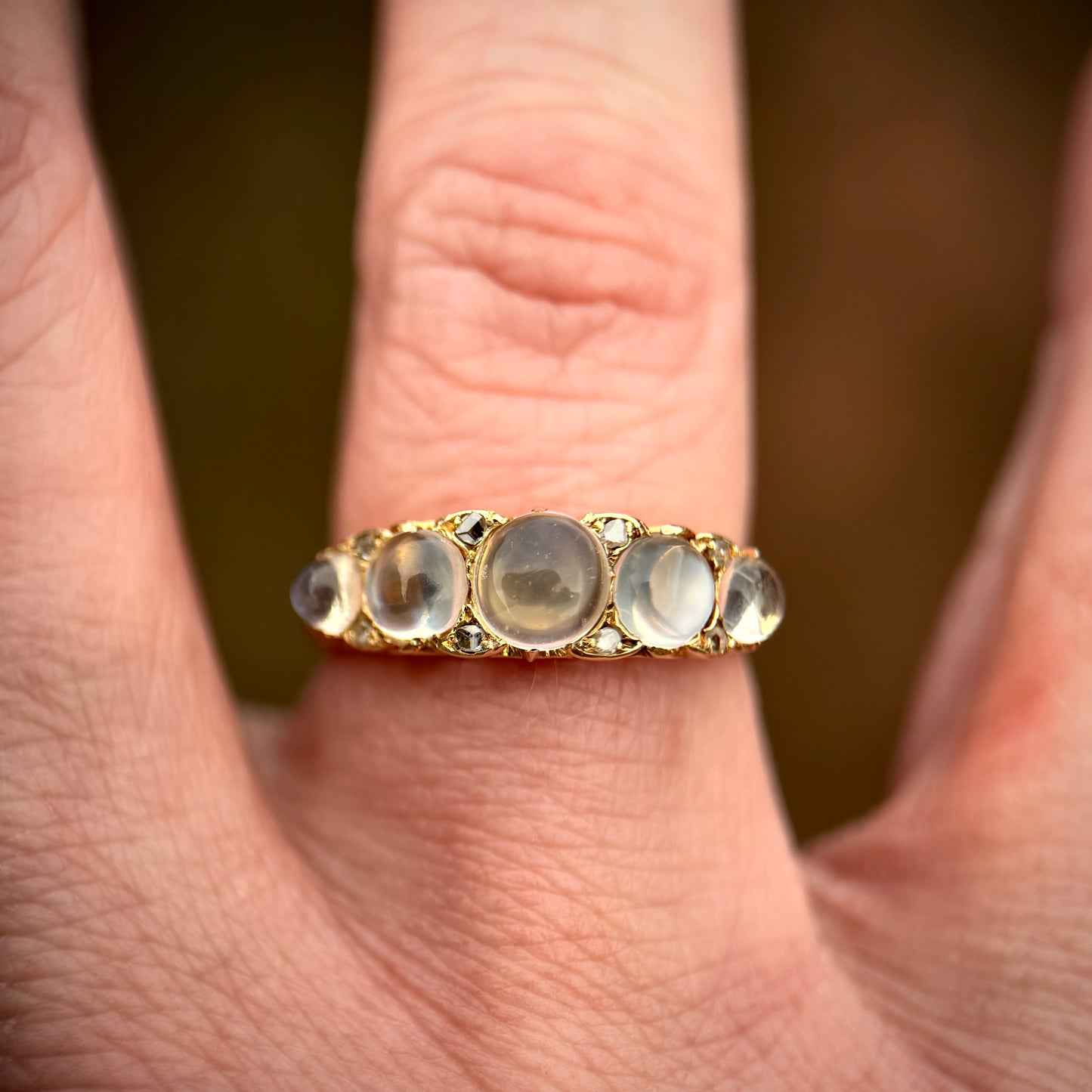 *RESERVED* + resize to a P 18ct Gold Antique Fully Hallmarked Moonstone & Old Cut Diamond Half Hoop Ring