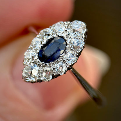 Antique Sapphire & 0.70ct Old Cut Diamond 18CT White Gold Navette Ring
