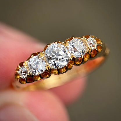 18ct Gold 0.87ct Antique Fully Hallmarked Old Cut Diamond Five Stone Ring