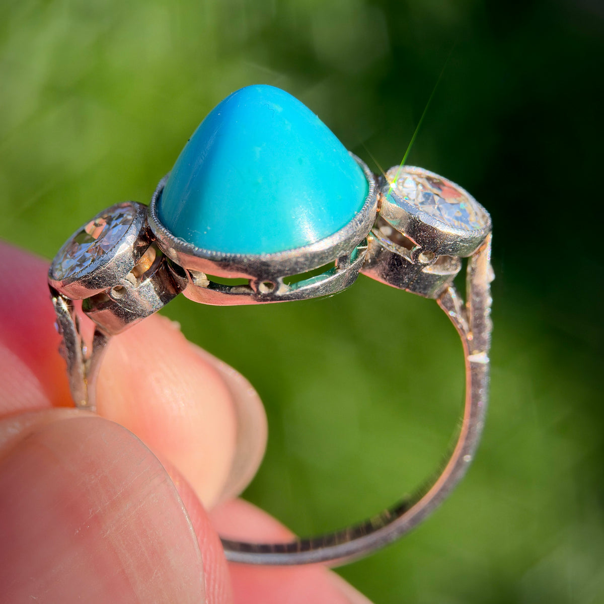 Platinum Art Deco Antique Sugarloaf Turquoise & Old Cut Diamond Three Stone Ring