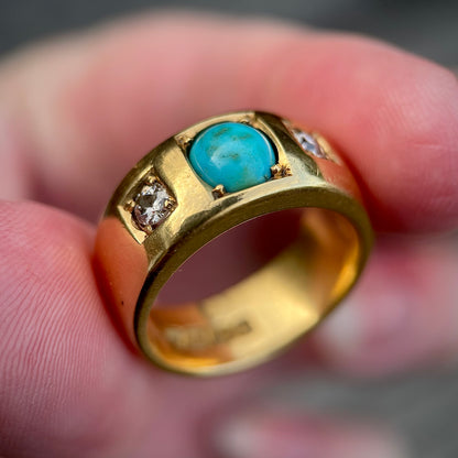 18CT Gold Antique Victorian Turquoise Old Cut Diamond 3 Stone Gypsy Ring 15.8g