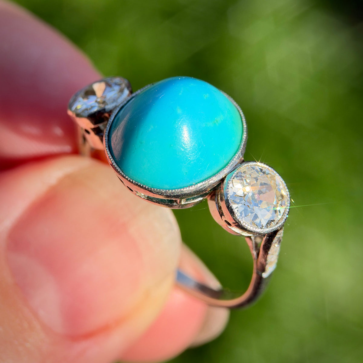 Platinum Art Deco Antique Sugarloaf Turquoise & Old Cut Diamond Three Stone Ring