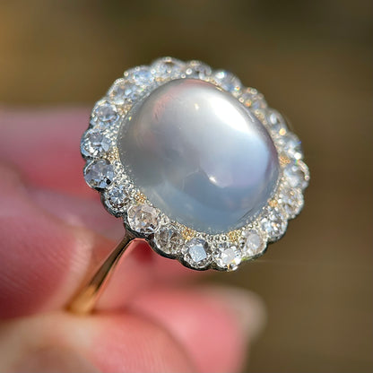 18ct Gold Large Antique Sugar loaf Moonstone & Old Cut Diamond Cluster Ring