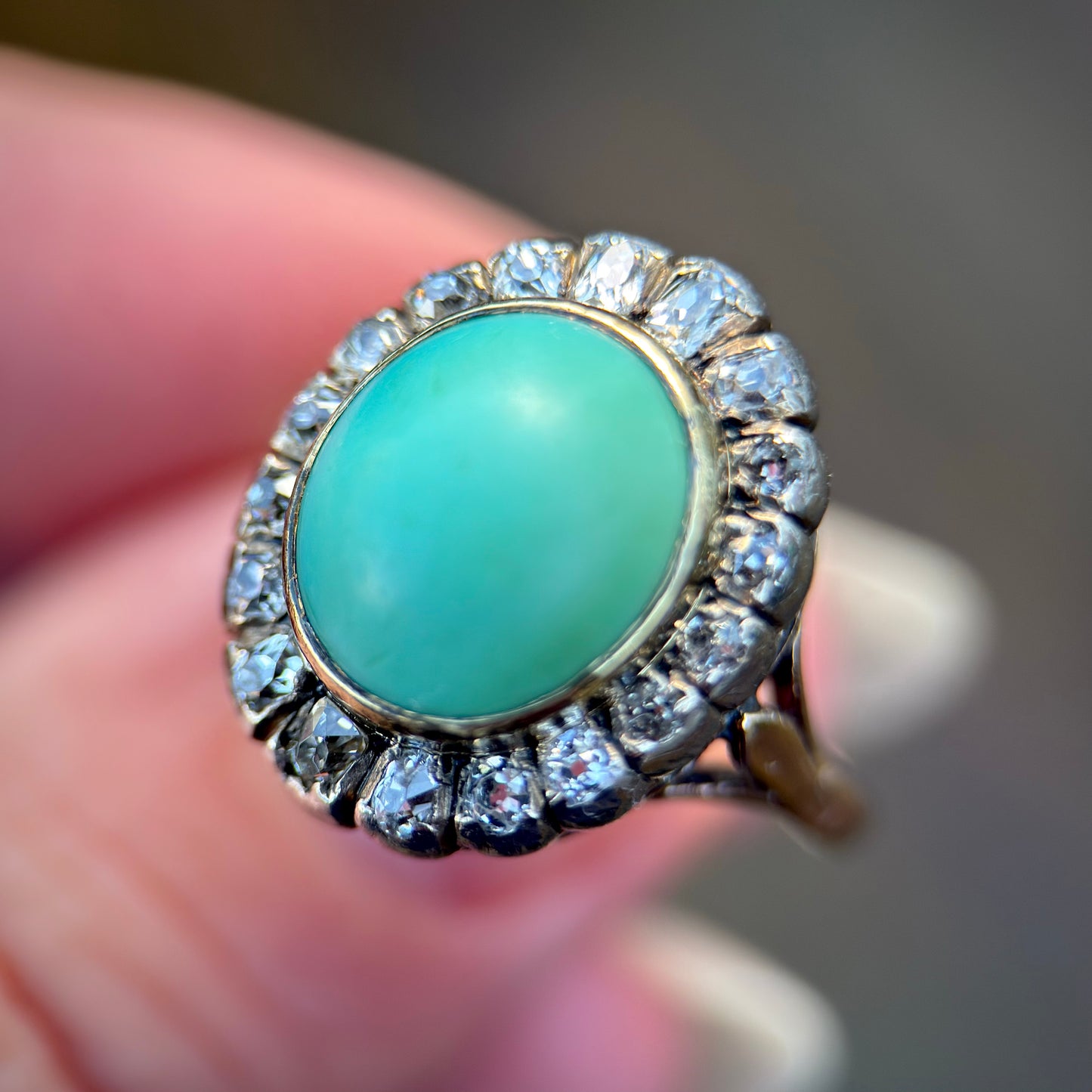 18ct Gold Antique Turquoise & 0.92ct Old Mine Cut Diamond Cluster Cocktail Ring