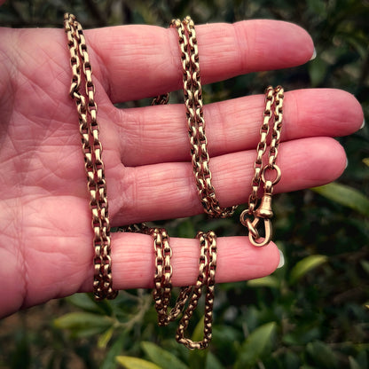 Antique 9CT Rose Gold Long Guard Watch Muff Cable Chain 47.5" Dog Clip 23.2g