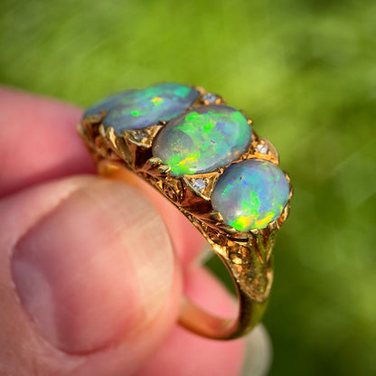 18CT Gold Large Antique Victorian Black Crystal Opal & Old Cut Diamond Ring