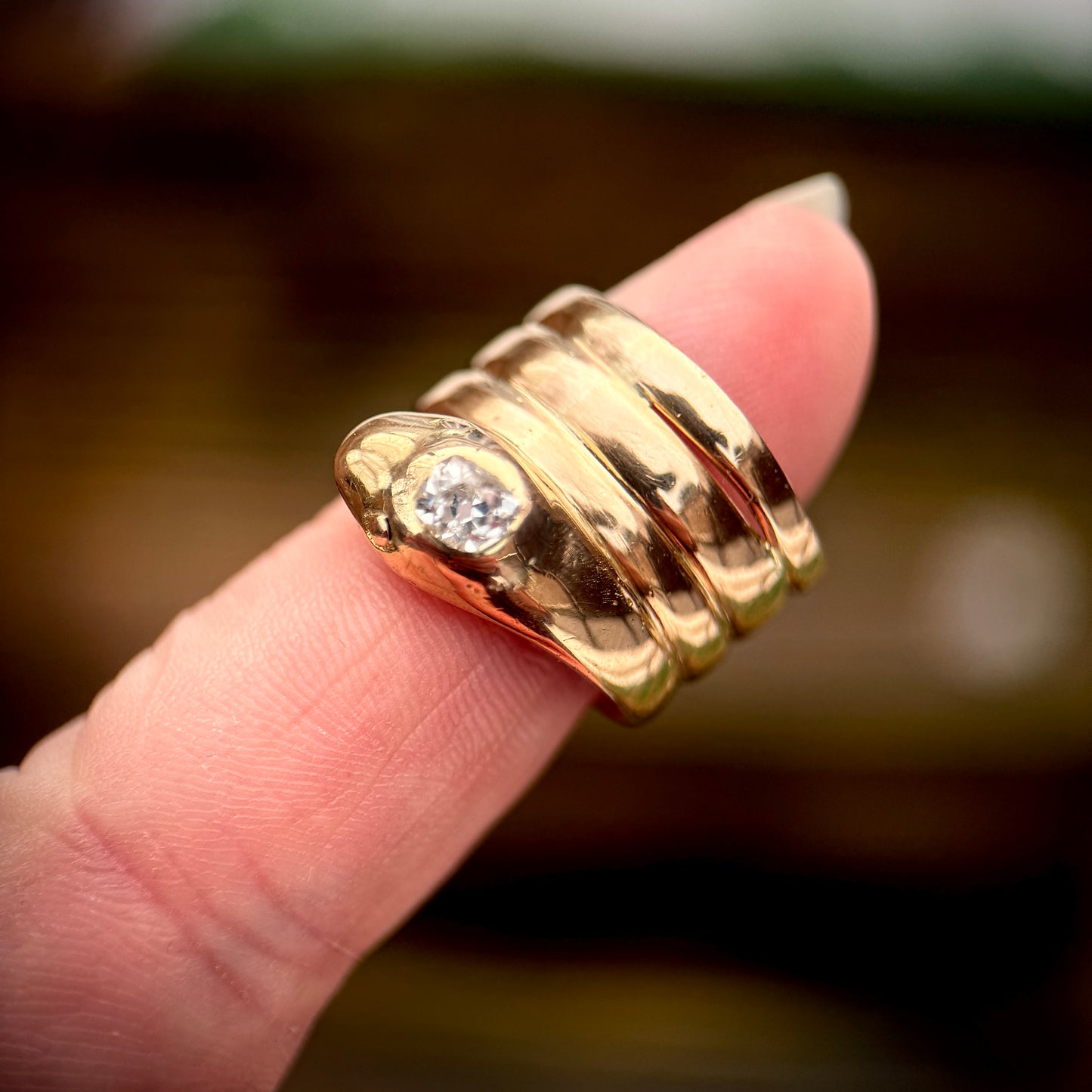 18CT Gold Antique Victorian 0.30ct Old Cut Diamond Snake Ring 9.7 grams