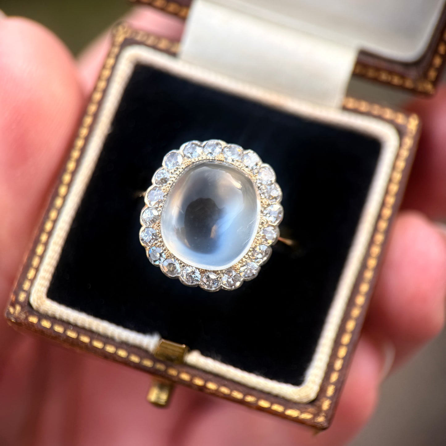 18ct Gold Large Antique Sugar loaf Moonstone & Old Cut Diamond Cluster Ring