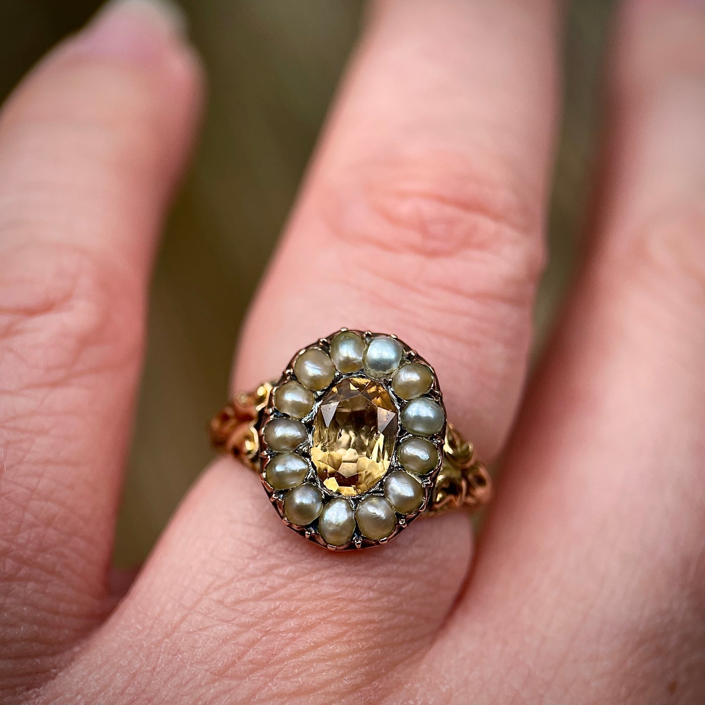 Antique Georgian Chased 15ct Gold Imperial Golden Topaz and Seed Pearl Ring