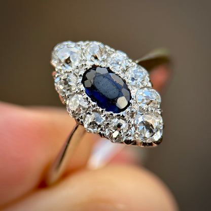 Antique Sapphire & 0.70ct Old Cut Diamond 18CT White Gold Navette Ring
