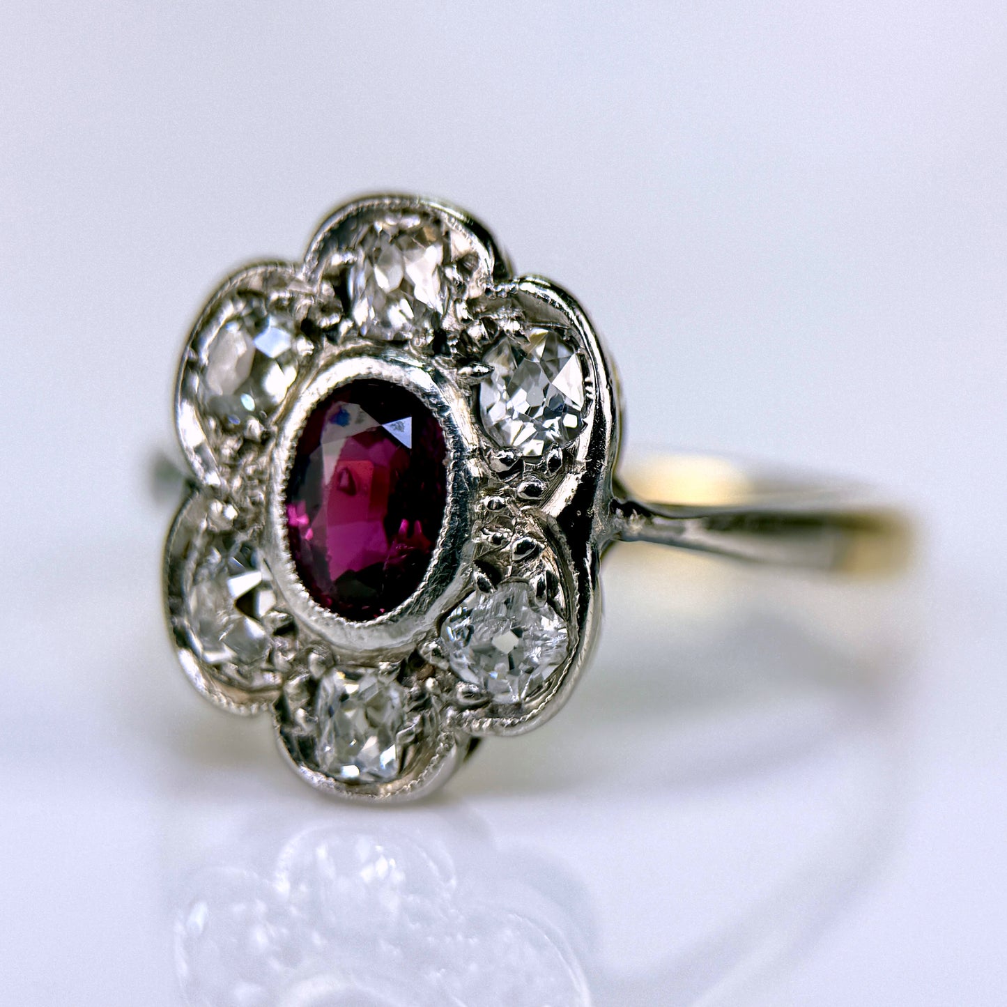 18ct Gold Plat Antique Edwardian Old Cut Diamond & Ruby Daisy Cluster Ring
