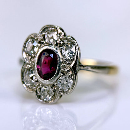 18ct Gold Plat Antique Edwardian Old Cut Diamond & Ruby Daisy Cluster Ring
