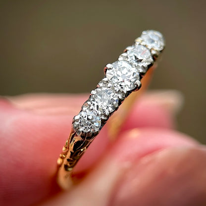 18ct Gold Antique Old Cut Diamond Five Stone Ring Size K 1/2