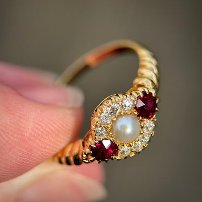 18ct Gold Antique Victorian Ruby Pearl & old cut diamond Cluster Ring