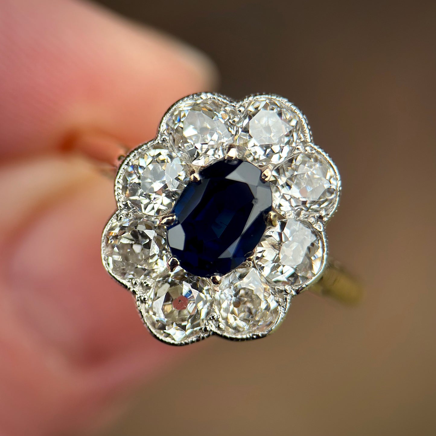 18ct Gold Plat Antique Edwardian Old Cut Diamond & Sapphire Daisy Cluster Ring