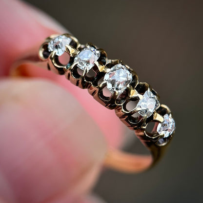 18ct Gold Antique Georgian Old Cut Diamond Five Stone Half Hoop Ring