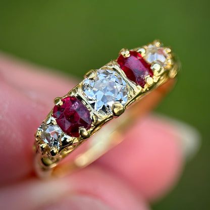 Antique Victorian Old Cut Diamond & Ruby Five 5 stone 18ct Gold Ring Size L