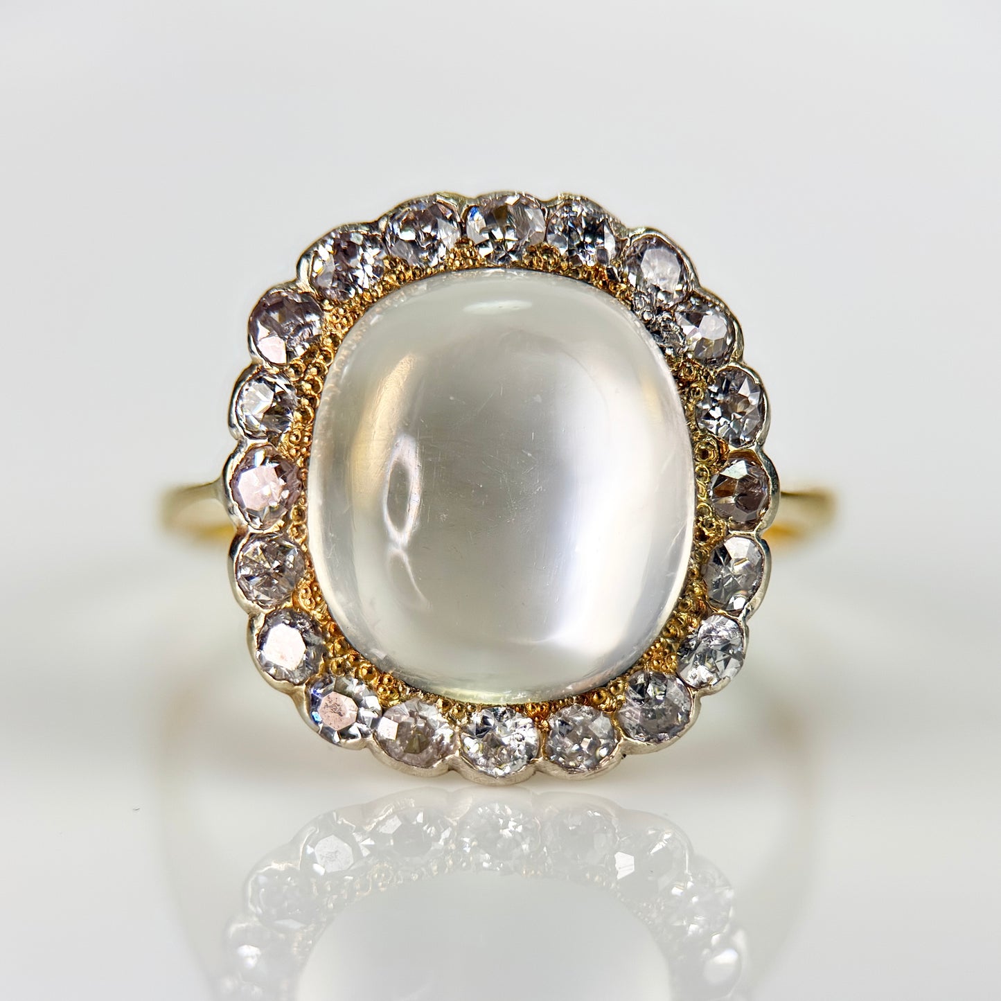 18ct Gold Large Antique Sugar loaf Moonstone & Old Cut Diamond Cluster Ring