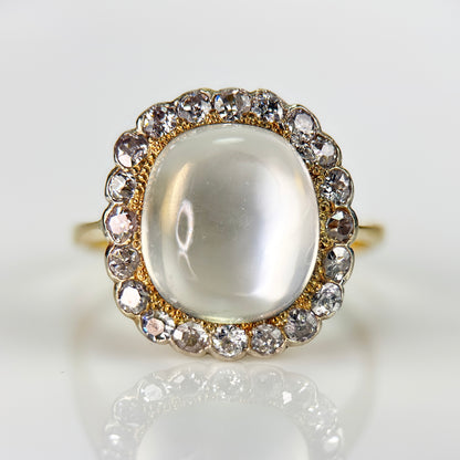 18ct Gold Large Antique Sugar loaf Moonstone & Old Cut Diamond Cluster Ring