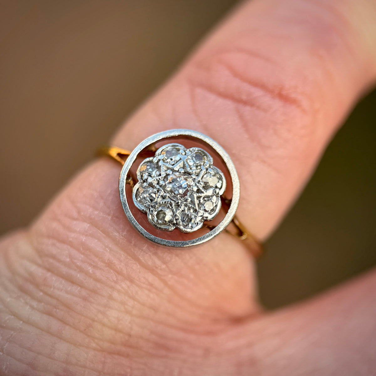 15ct Gold Antique Art deco Old Cut Diamond 9 Stone cluster daisy Ring