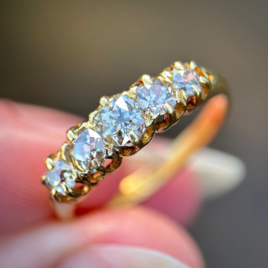18ct Gold Antique 1.15ct Old Cut Diamond Five Stone Half Hoop Ring Size O