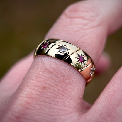 9CT Gold Fully Hallmarked Ruby & Spinel Eternity Band Gypsy Ring Size R 1/2