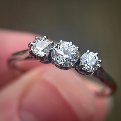 Platinum Antique 0.735ct Old Cut Diamond Three Stone Trilogy Ring size R