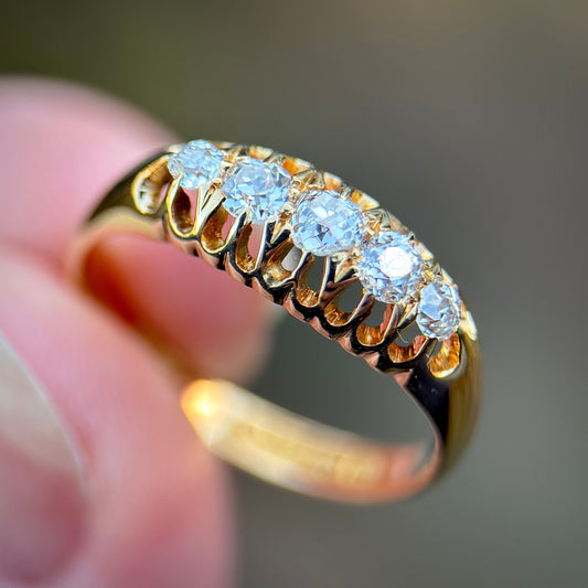 18ct Gold 0.40CT Antique Fully Hallmarked Old Cut Diamond Five Stone Ring Size N