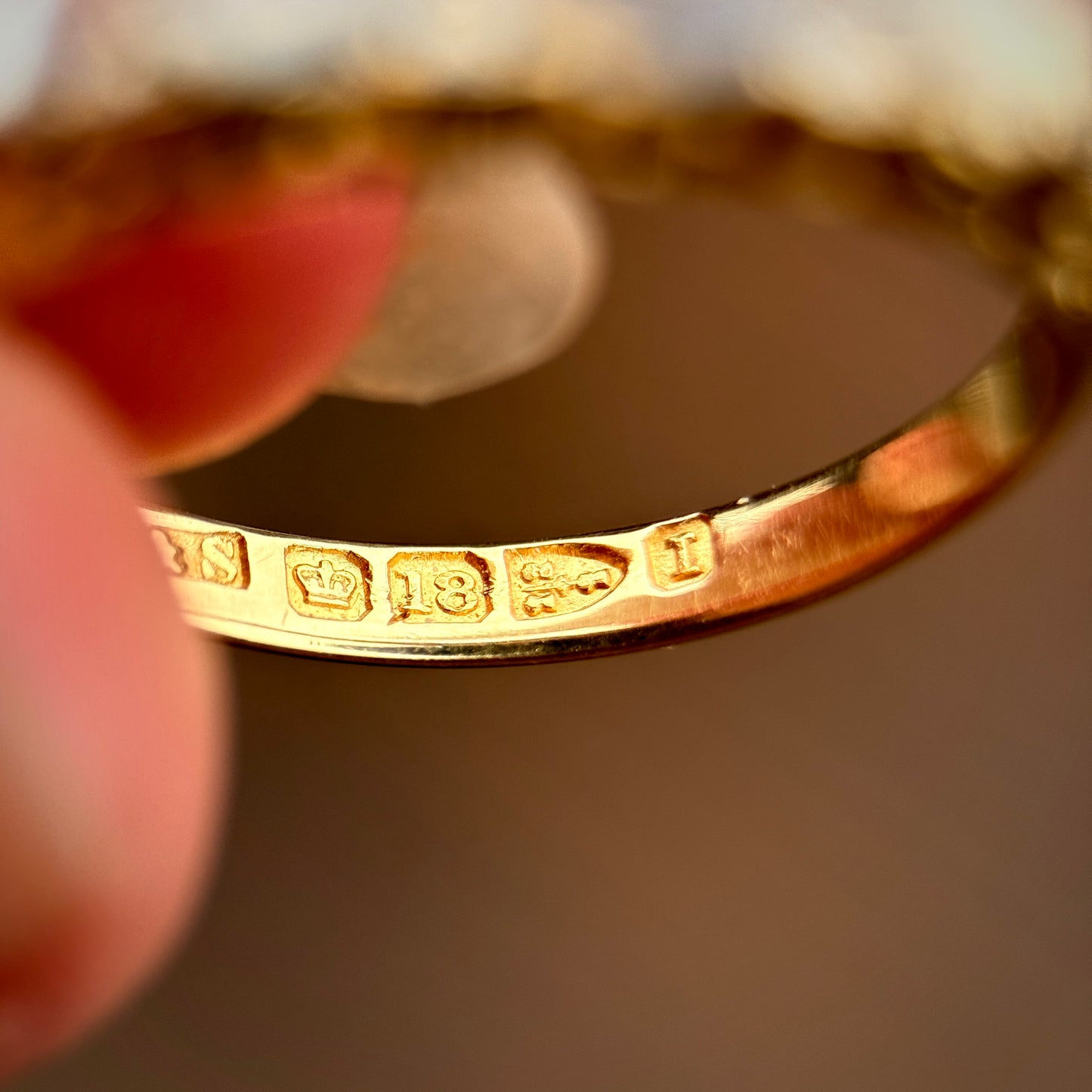 *RESERVED* + resize to a P 18ct Gold Antique Fully Hallmarked Moonstone & Old Cut Diamond Half Hoop Ring