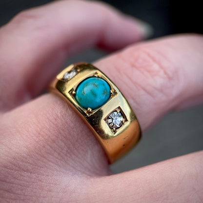 18CT Gold Antique Victorian Turquoise Old Cut Diamond 3 Stone Gypsy Ring 15.8g