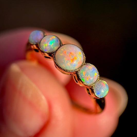 18CT Gold antique fiery crystal Opal five stone half hoop milgrain set ring