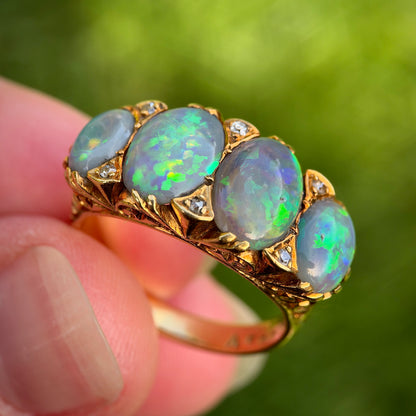 18CT Gold Large Antique Victorian Black Crystal Opal & Old Cut Diamond Ring