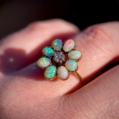 18CT Gold Antique Opal & Old cut diamond Flower Cluster Daisy Ring Size N 1/2