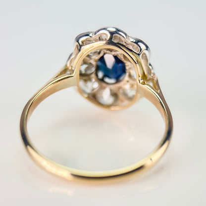 18ct Gold Plat Antique Edwardian Old Cut Diamond & Sapphire Daisy Cluster Ring