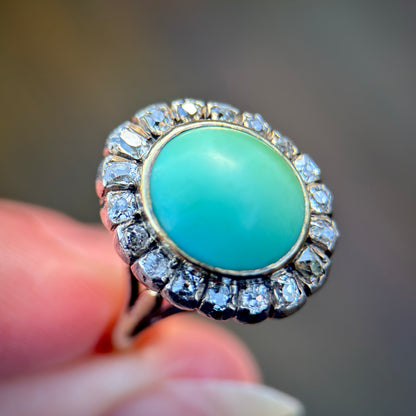 18ct Gold Antique Turquoise & 0.92ct Old Mine Cut Diamond Cluster Cocktail Ring