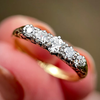18ct Gold Antique Old Cut Diamond Five Stone Ring Size K 1/2