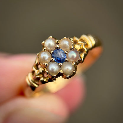 18ct Gold Antique Victorian Fully Hallmarked Sapphire & Pearl Daisy Cluster Ring