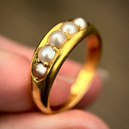 Heavy 18CT Gold Antique Pearl five stone half hoop gypsy ring 7.4g Size R 1/2