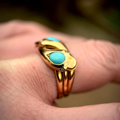18CT Gold Antique Victorian (1878) Turquoise Diamond Snake Ring 11.6 grams