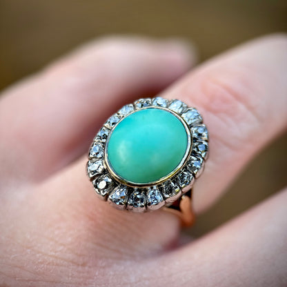 18ct Gold Antique Turquoise & 0.92ct Old Mine Cut Diamond Cluster Cocktail Ring