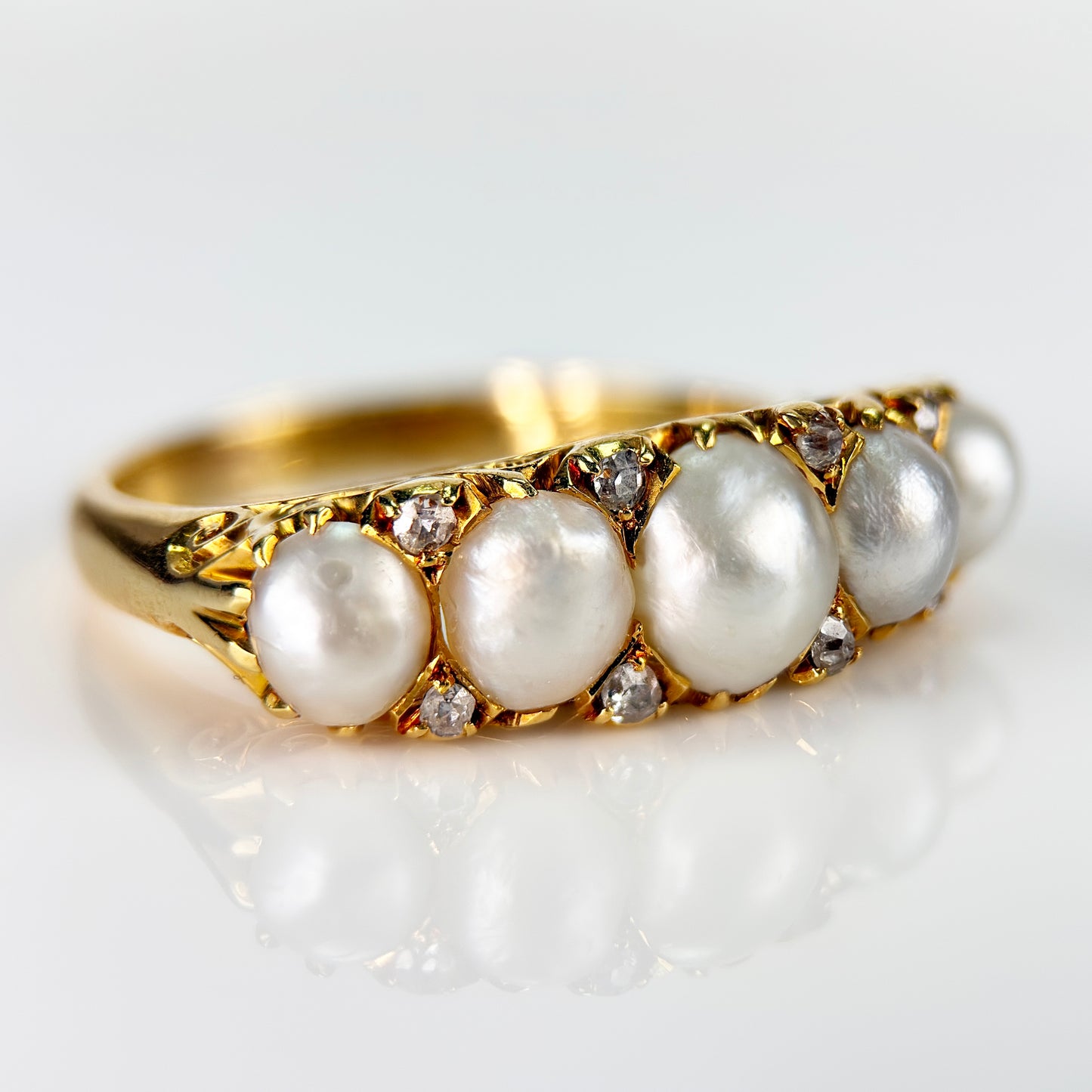 HUGE 18CT Gold Antique Pearl & old cut diamond five stone half hoop ring 7.8g