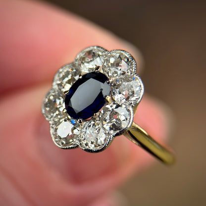 18ct Gold Plat Antique Edwardian Old Cut Diamond & Sapphire Daisy Cluster Ring