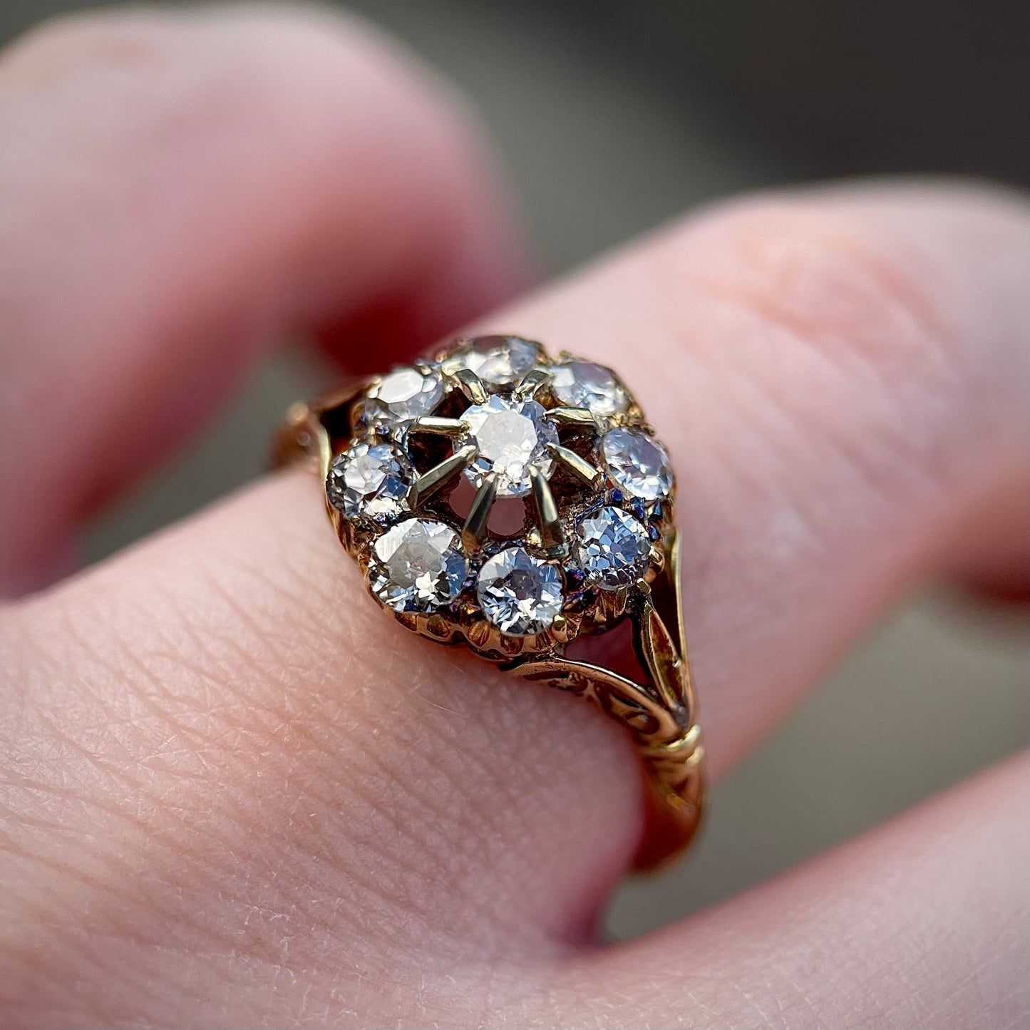 18CT Gold Antique 1.20CT Old Cut Diamond Cluster Ring Size Q