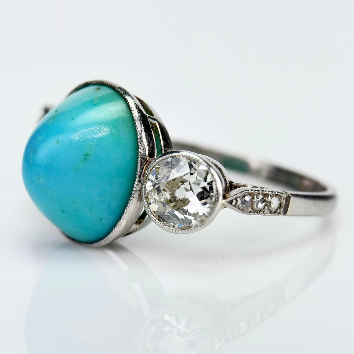 Platinum Art Deco Antique Sugarloaf Turquoise & Old Cut Diamond Three Stone Ring