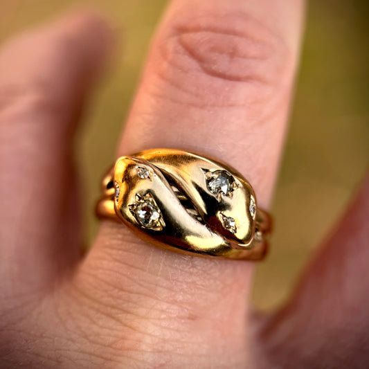 18CT Gold Antique Fully Hallmarked Victorian Old Cut Diamond Snake Ring 8.2g