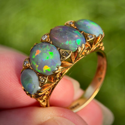 18CT Gold Large Antique Victorian Black Crystal Opal & Old Cut Diamond Ring