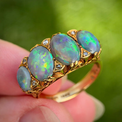 18CT Gold Large Antique Victorian Black Crystal Opal & Old Cut Diamond Ring